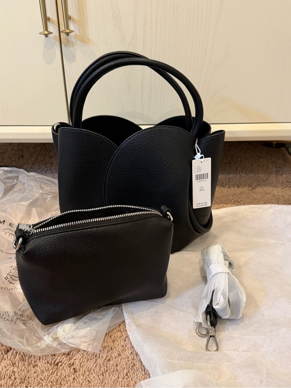 NWT new melie bianco Anthropologie tulip handle crossbody tote bag + Pouch black - Picture 3 of 15